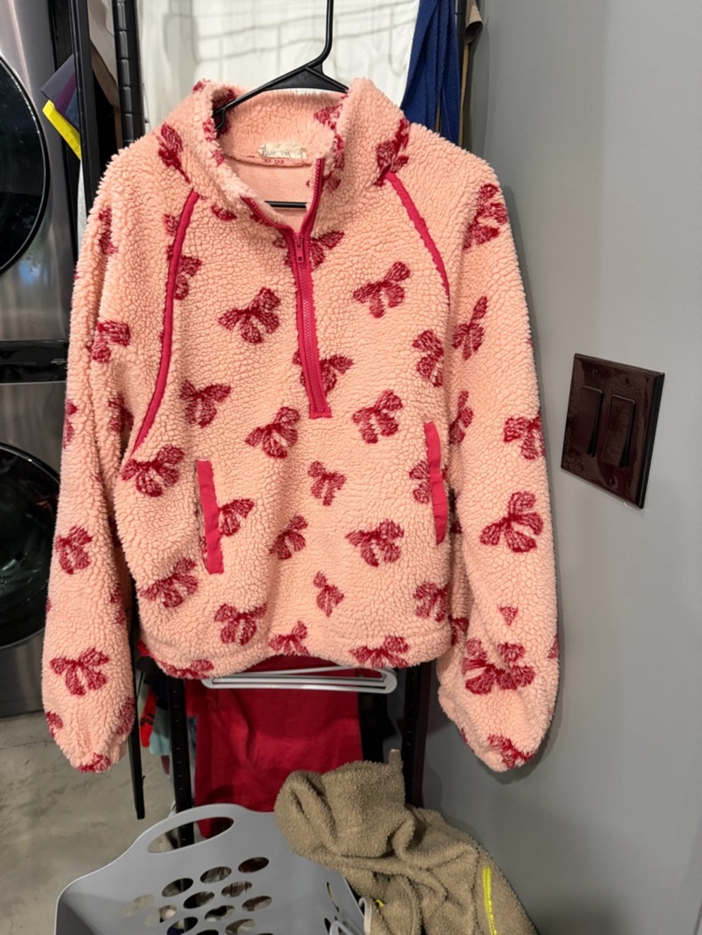 Cozy Pink Sherpa Half-Zip Pullover with Bow Print - Women